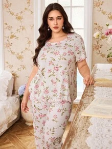 CottageSlumber Contrast Trim Knit Floral Print Sleepwear Set, Plus Size - Multicolor - View 5