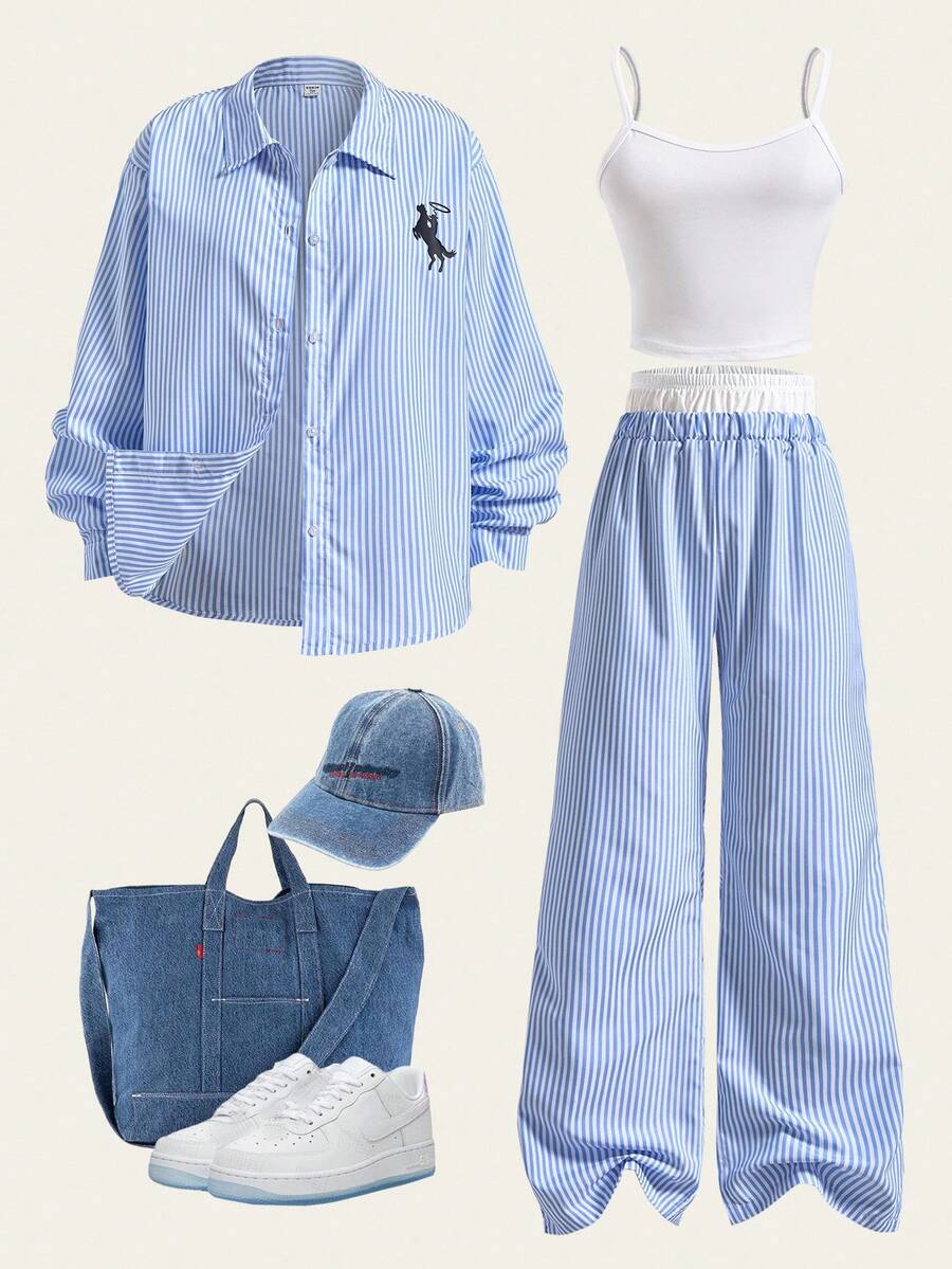 SHEIN Explorewe 1 套女士和少女条纹刺绣衬衫搭配同色裤子，包括白色吊带背心，常规厚度，休闲装，春夏秋