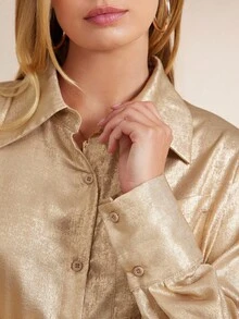 Amorya Women's Elegant Gold Shirt Collar Long Split Dress,Autumn Satin Silky Maxi Dress For Party,Gatherings,Commuting And Halloween Costume - Gold - View 2