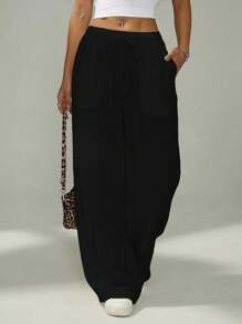 SHEIN PETITE Women's Casual Solid Color Wide Leg Pants Business Casual Woman