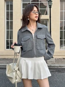 SHEIN 灰色宽松短款毛呢外套，适合少女日常通勤穿搭 - 灰色 - 查看 7
