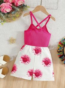 SHEIN Young Girl Sunflower Print Cami Romper - Multicolor - View 2