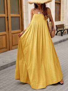 Brillora Váy cổ chữ V rộng rãi cho nữ, màu trơn, kỳ nghỉ & mùa hè - Màu vàng - Xem 6