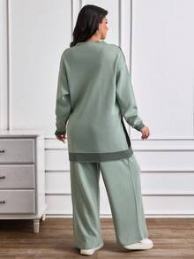 EURMUSE 2 Pieces Mint Green Ribbed Knit Set – Colorblock High-Neck Longline Sweater & Wide Leg Pants Lounge Outfit, Plus, Casual, Daily Wear, Winter, Cold Seasons - Green - View 3