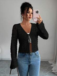 Elenzga Women's Elegant Solid Color Lace-Up Hollow Out Knitted Cardigan Fall Winter Cloth For Women - Black - View 6