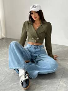 SHEIN EZwear 女款缺口領鈕扣前襟長袖短款風衣，適合秋冬日常休閒穿著，軍綠色 - 軍綠色 - 查看 6