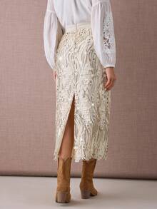 Enchnt 秋冬浪漫女士优雅杏色时尚优雅亮片刺绣中长裙，甜美优雅，适合度假、约会、度假、海滩和波西米亚风格的服装 - 杏色 - 查看 7