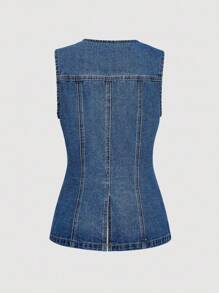 Sweetra Women's Slim Fit Round Neck Vest Design Casual Denim Top, Suitable For Commuting In Spring And Summer - Medium Wash - View 2