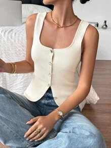 SHEIN Frenchy Women's Fashionable, Elegant, Button-Up, Sleeveless Knitted Vest For Everyday Wear.Work Blouses For Women,Going Out,Fall Women Winter - Apricot - View 3