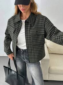EURMUSE Women's Casual 70s Retro Vintage Collared Zip-Up Long Sleeve Jacket Office Green Gingham Autumn - Multicolor - View 5