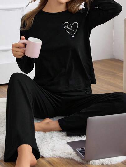 EURMUSE PLUS CURVE Cotton Minimalist Solid Color & Heart Print Long Sleeve Lounge Pajamas Set Black Pajama Sets For Women Womens Black Pajama Set Long Sleeve Pajama Set Women 2 Piece Pajama Set Women