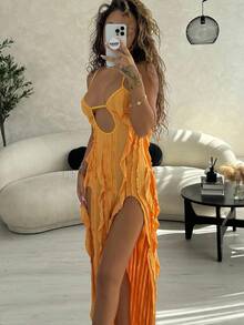 RebeccaVibe Women's Vacation Solid Color Ruffle Hem Split High Low Cami Dress