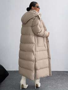 Women's Sand Zipper Side Slit Hooded Patched Pocket Detailed Good Quality Casual Winter Coat