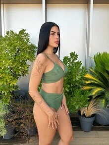 Lucia Bellido Summer Beach Twist Front High Waisted Bikini Set - Olive Green - View 6