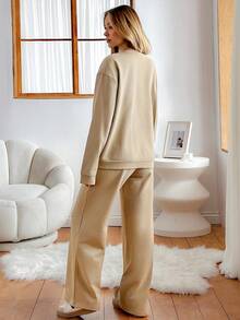 EURMUSE Damen schlichte, lässige Zwei-Teiler Ass-von-Pik-Set - Beige - Übersicht 2