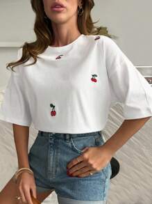 EURMUSE Woman Solid Color Cherry Embroidery Front Round Neck Short Sleeve Spring Summer Casual Tee T-Shirt Top - White - View 5