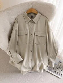 CosyJoli Veste décontractée à manches longues à épaules tombantes, à simple boutonnage, avec poches utilitaires, pour femmes de grande taille, couleur unie