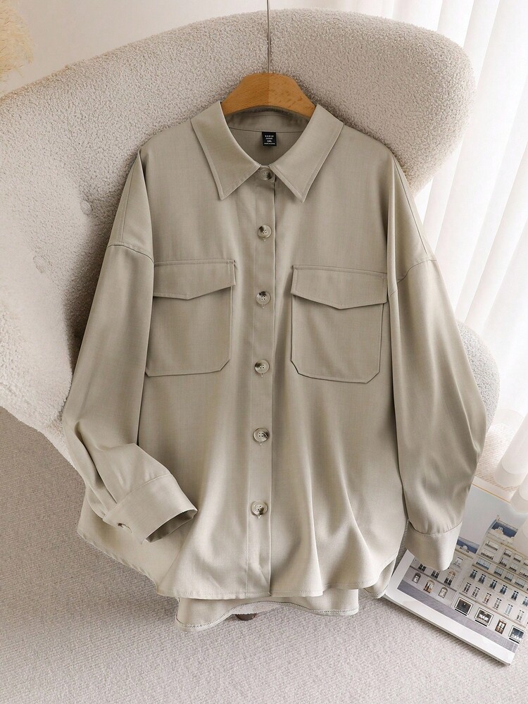 CosyJoli Plus Size Women's Solid Color Drop Shoulder Long Sleeve Single-Breasted Casual Utility Pocket Jacket Winter Fall Autumn - Apricot - View 5