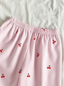 SHEIN Genkimix Kids Young Girl' Navy Blue Ribbed Cherry Print Long Sleeve Top & Ribbed Pants Pajama Set Fall Winter - Multicolor - View 6