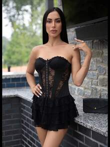 Carolina Barros Black Lace Patchwork Strapless Bustier & Multi-Layered Cake Mini Dress,Summer Dresses For Women