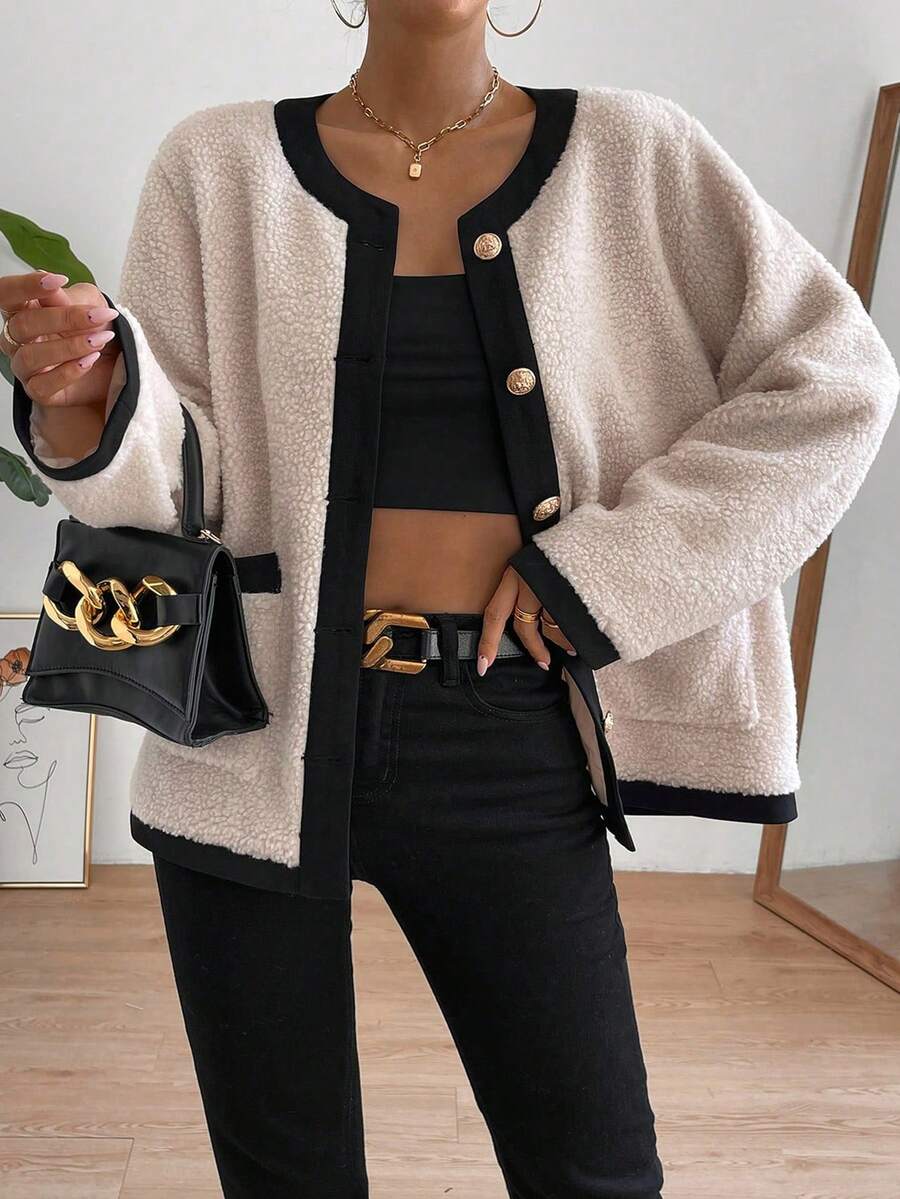 SHEIN Teen Girls Oversized Round Neck Contrast Color Button Front Teddy Bear Cardigan, Elegant & Retro Cropped Jacket Jacket For Teen Girl Cute Jacket Teddy Jacket Fuzzy Jacket Autumn Winter Clothes For Women - Apricot - View 1