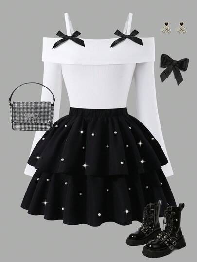 Sparklyn Tween Girls' Fashion Elegant T-Shirt Set, White Knit Top Paired With Black Woven Cake Skirt, Top Decorated With Black Bow, Skirt With Pearl Embellishment Fall Winter