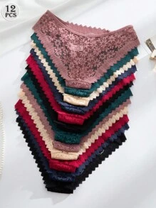 SHEIN 12件/包浪漫性感蕾丝女士内衣，透明内裤 - 彩色 - 查看 3