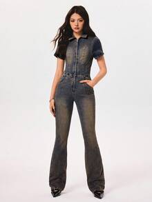 Rivivi 女式弹力牛仔喇叭腿连体裤 - 淺色水洗藍 - 查看 4