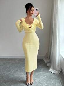 Elenzga Women's Elegant Solid Color Draped Neck Fitted Mid-Length Dress Fall Cloth For Women - Yellow - View 6