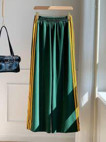 Comfortcana Women's Elastic Waist Side Stripe Wide Leg Loose Casual Sweatpants,Back To School - Green - View 3