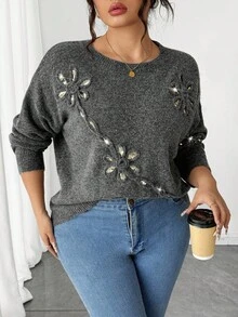 Elenzga Plus Size Loose Elegant Modest Beaded Floral Pullover Sweater Fall Winter Cloth For Women Autumn