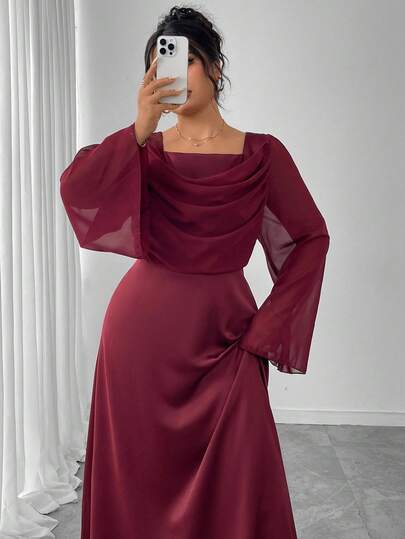 Modelyn Plus Size Women's Contrast Material Splice Draped Neck Waist Cinched A-Line Long Sleeve Dress, Wine Red, Autumn/Winter
