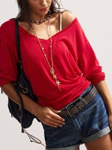 Bohemela 女式休闲纯色V领长袖宽松针织T恤，秋冬波西米亚风格 - 紅色 - 查看 2