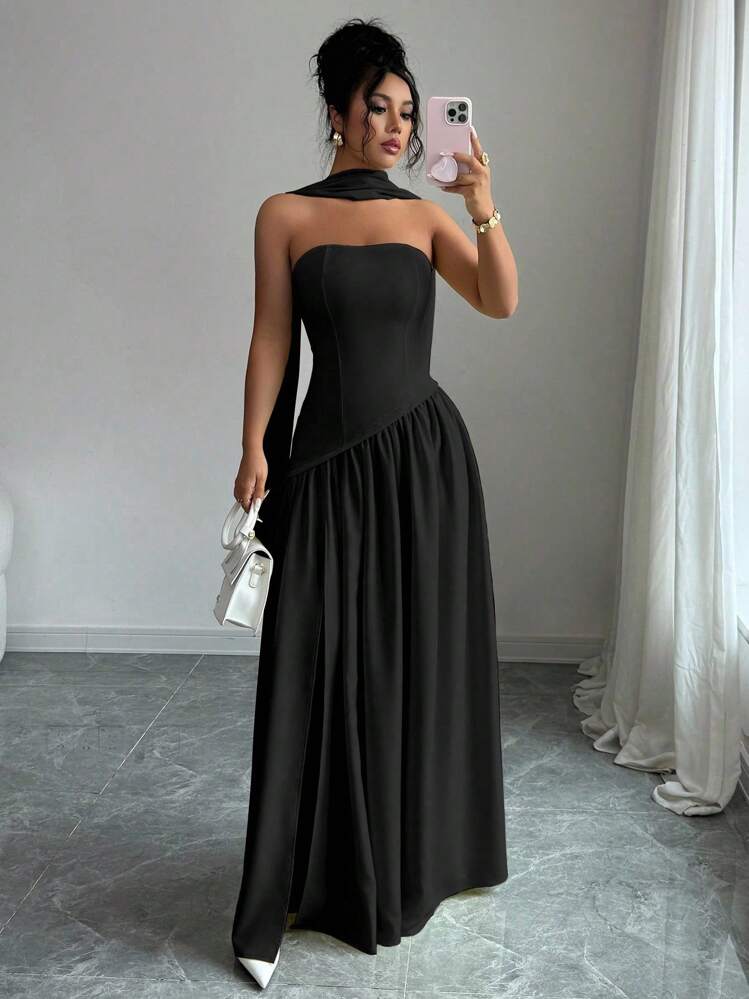 Selianne Nuevo vestido maxi elegante y de moda con corte asimétrico de unicolor, parche sexy con abertura alta y escote halter, con cinta colgante, adecuado para vacaciones, citas románticas, fiestas de graduación, bodas - Negro - Añade 4
