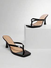 SHUZIA Women Comfortable Kitten Heel Square Toe Thong Heeled Sandals For Christmas - Black - View 3