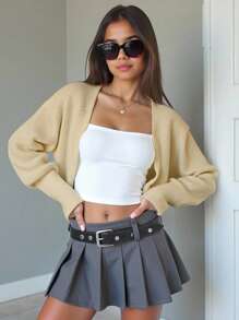 SHEIN Explorewe 少女纯色简约日常长袖针织开衫 - 卡其色 - 查看 9