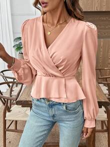 EMERY ROSE Champagne Color V-Neck Women's Casual Shirt Fall Cloth For Women - Champagne - View 4