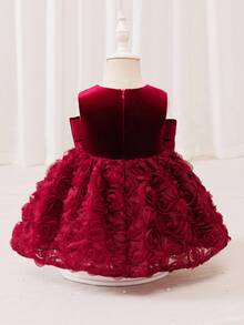 Glamorique Kids 3D Rose Embroidered Dress For Baby Girls, Christmas & Halloween, Bowknot & Beaded Decor, Children's Party & Performance Outfit,Christmas Dress Fall Winter