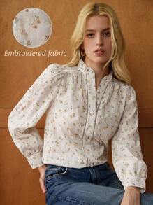 Écloséra Solid Color Floral Embroidered Long Sleeve Shirt, Spring/Autumn French Retro Three-Dimensional Lace Decoration Puff Sleeves Ruffles Small V Embroidery Printed Fabric Fall Women Clothes Long-Sleeved Teacher Shirts Going Out Tops Teacher Shirts Teacher Clothes - Apricot - View 1