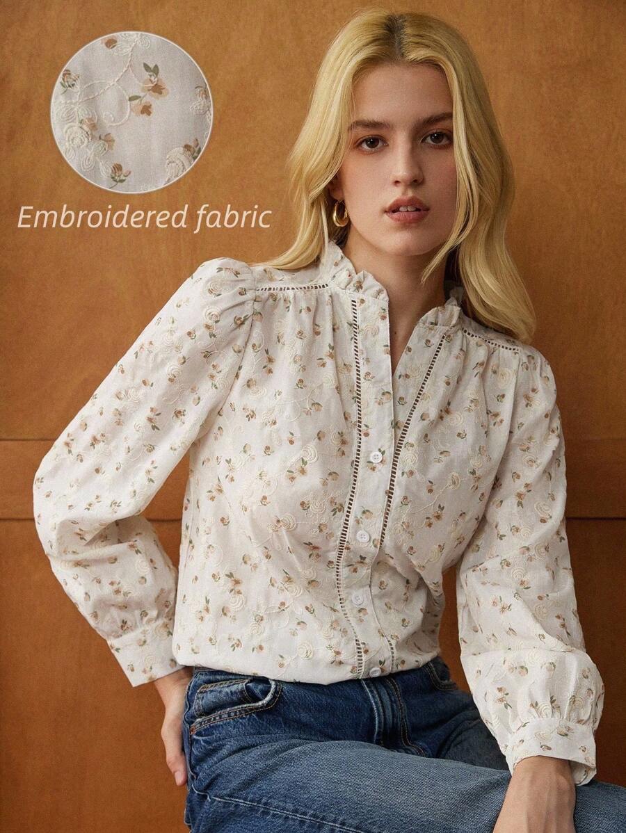 Écloséra Solid Color Floral Embroidered Long Sleeve Shirt, Spring/Autumn French Retro Three-Dimensional Lace Decoration Puff Sleeves Ruffles Small V Embroidery Printed Fabric Fall Women Clothes Long-Sleeved Teacher Shirts Going Out Tops Teacher Shirts Teacher Clothes - Apricot - View 1