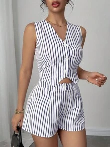SHEIN Clasi 女式夏季条纹休闲背心和短裤两件套 - 白色 - 查看 5