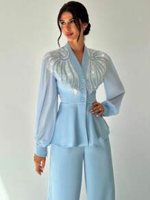 Firerie 女士优雅、精致、浪漫、端庄的日常通勤、约会、派对、返校、老师、度假珍珠和水钻装饰收腰雪纺灯笼袖夹克和高腰阔腿裤蓝色 2 件套 - 藍色 - 查看 8