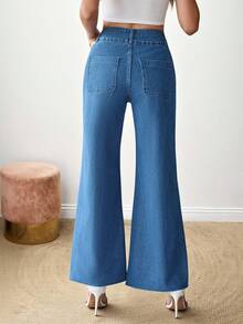 SHEIN LUNE Jeans amples lavés taille haute jambe large pour femmes, style décontracté, convient pour l'été, l'automne, la rentrée scolaire, l'homecoming, Halloween, les affaires, le pays, le vintage, la modestie, les affaires décontractées, le travail, l'église - Bleu azur - Voir 2