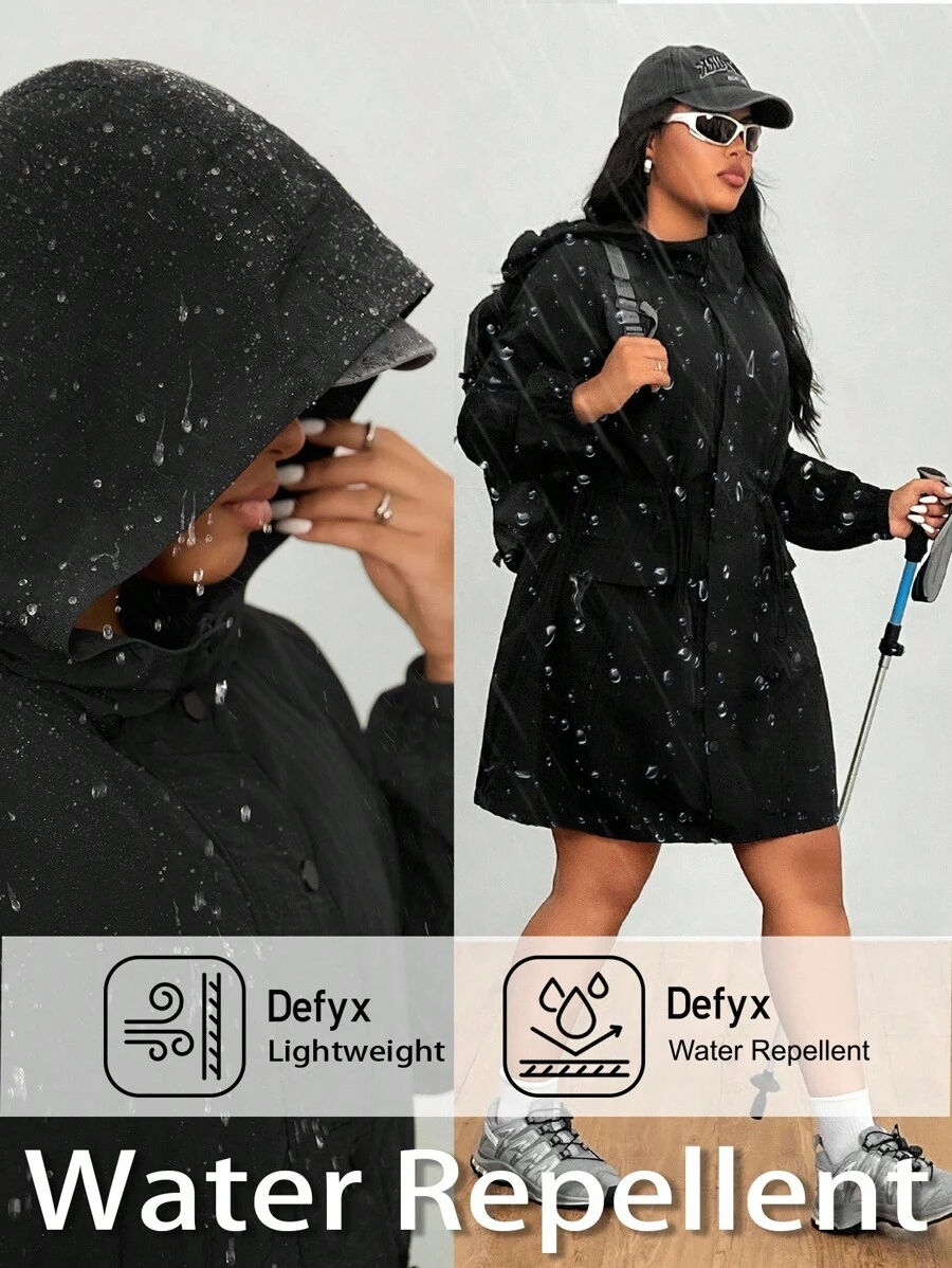 SHEIN EZwear 大码女式黑色长款束腰风衣，秋冬装、秋季、返校装、商务休闲装、办公室装、工作装、教师装 - 黑色 - 查看 1
