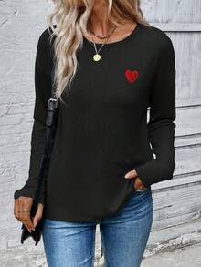 EMERY ROSE New Fashion Women Heart Print Round Neck Long Sleeve T-Shirt - Black - View 5