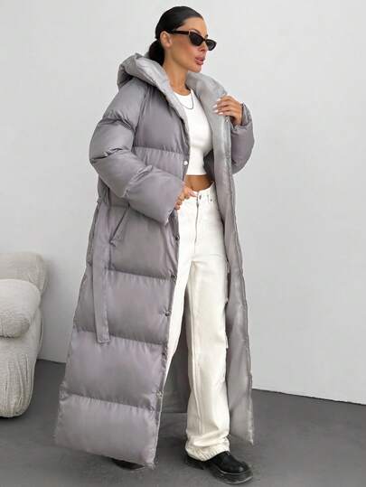 EURMUSE Women Solid Color Belted And Pocket Detailed Long Winter Coats Long Puffer Coat Women Womens Winter Coat