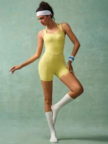 VARSIVA Women's Solid Color Zipper Half Placket Camisole Sports Romper - Yellow - View 10