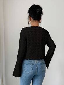 Elenzga Women's Elegant Solid Color Lace-Up Hollow Out Knitted Cardigan Fall Winter Cloth For Women - Black - View 2