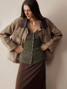 Chiquease Women's Bohemian V-Neck Casual T-Shirt, Fitted Silhouette With Flared Sleeves, Front Opening, Distressed Wash, Mid-Length Fall Cloth For Women - Army Green - View 3