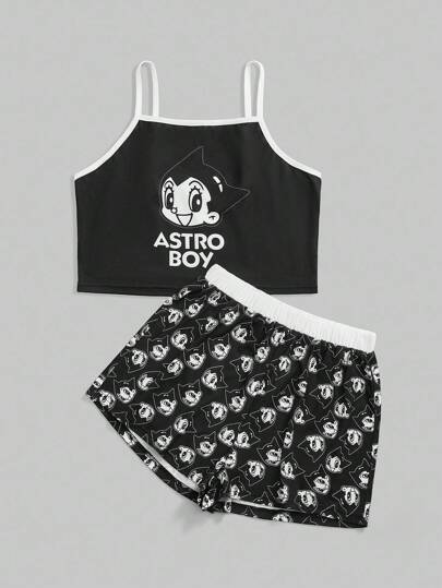 Astro Boy X ROMWE Set pigiama con canotta e pantaloncini con grafica di figure cartoni animati
